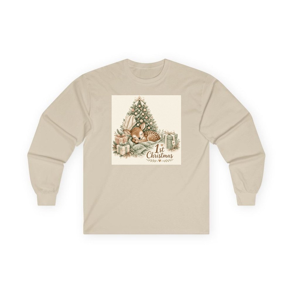Sleepy Fawn First Christmas personalised long sleeve Christmas T-shirt in sand