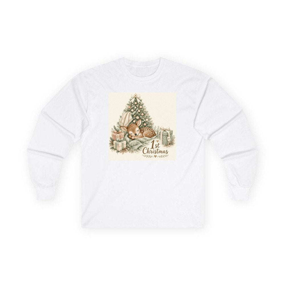 Sleepy Fawn First Christmas personalised long sleeve Christmas T-shirt in white