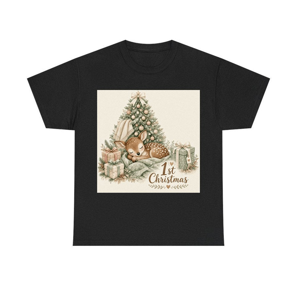 Sleepy Fawn First Christmas personalised Christmas T-shirt in black