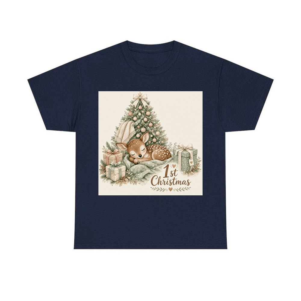 Sleepy Fawn First Christmas personalised Christmas T-shirt in navy