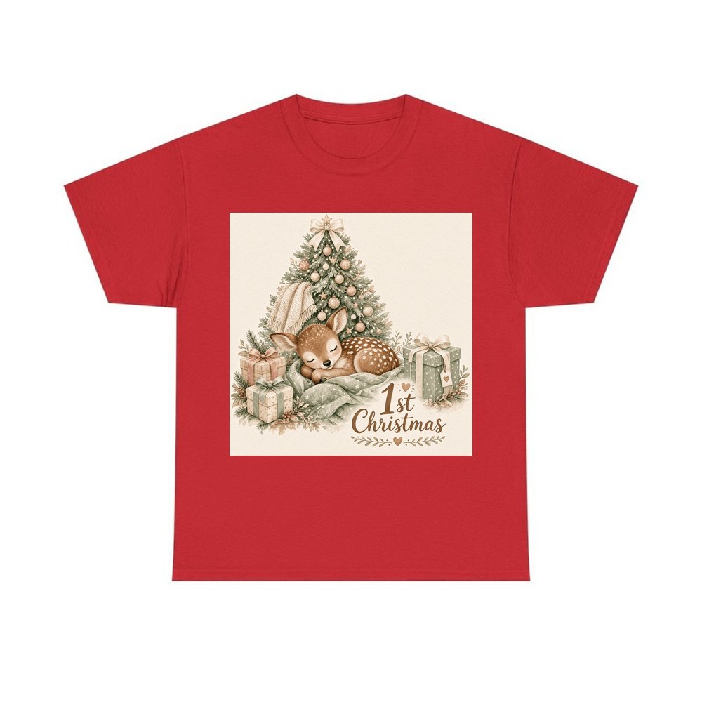 Sleepy Fawn First Christmas personalised Christmas T-shirt in red