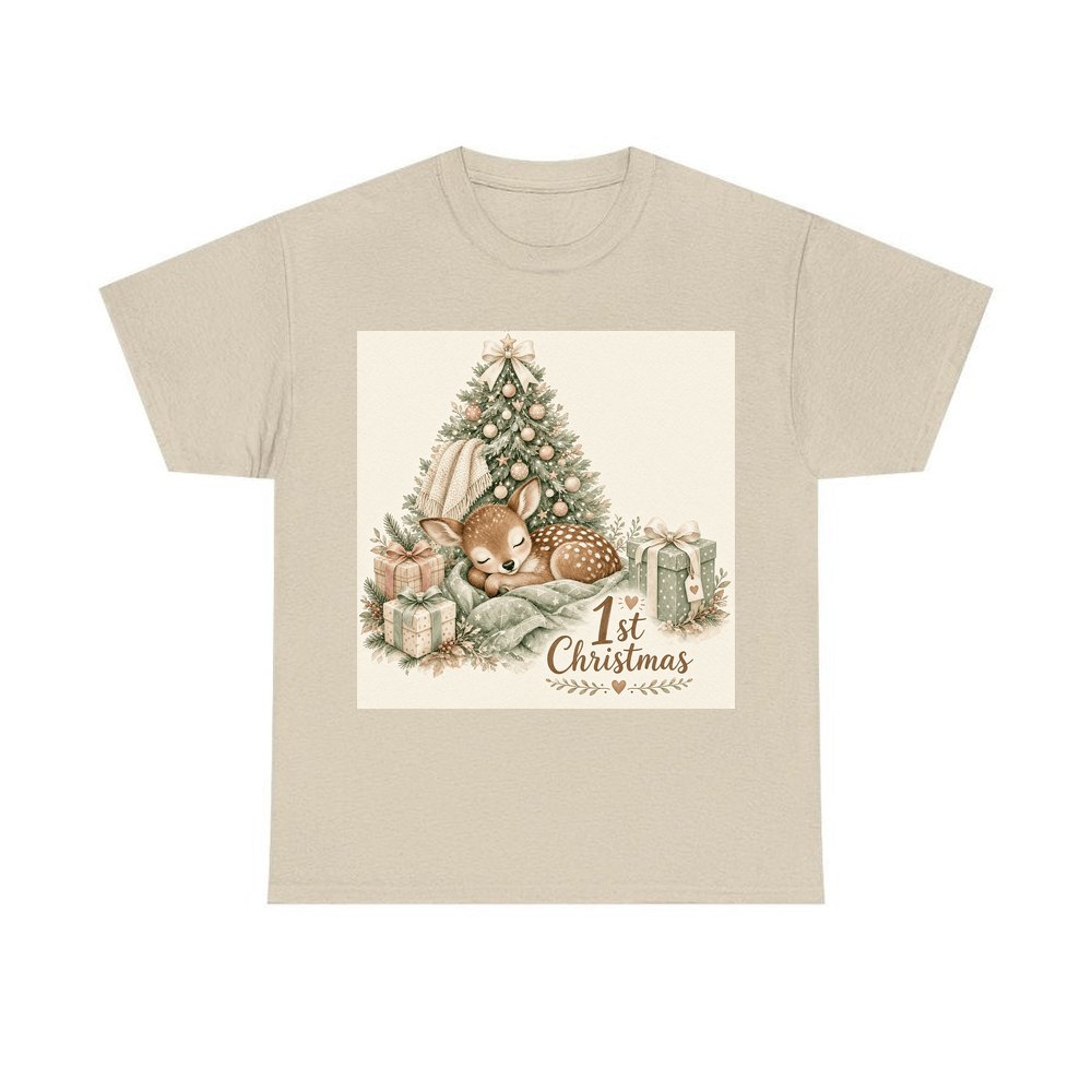 Sleepy Fawn First Christmas personalised Christmas T-shirt in sand