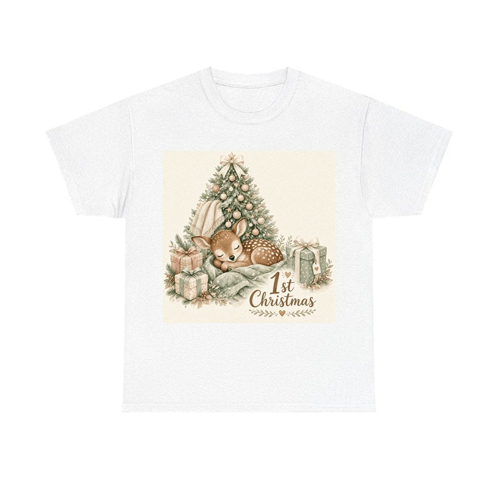 Sleepy Fawn First Christmas personalised Christmas T-shirt in white