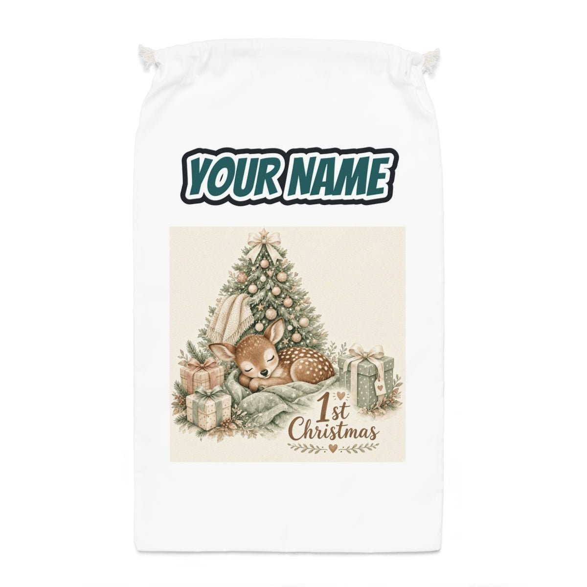 Sleepy Fawn First Christmas Santa sack laid flat, showing the full print