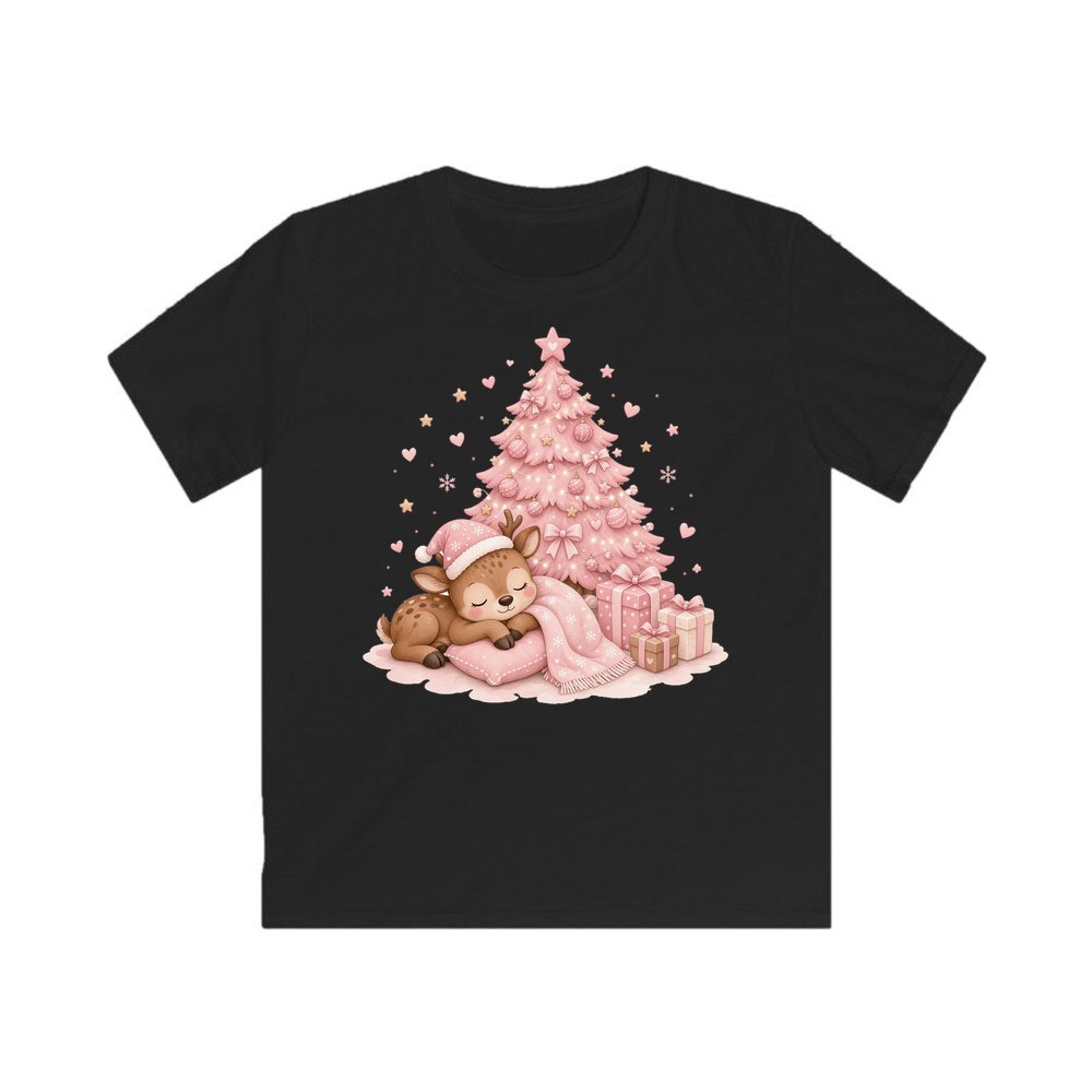 Sleepy Fawn Pink Christmas personalised kids Christmas tee in black