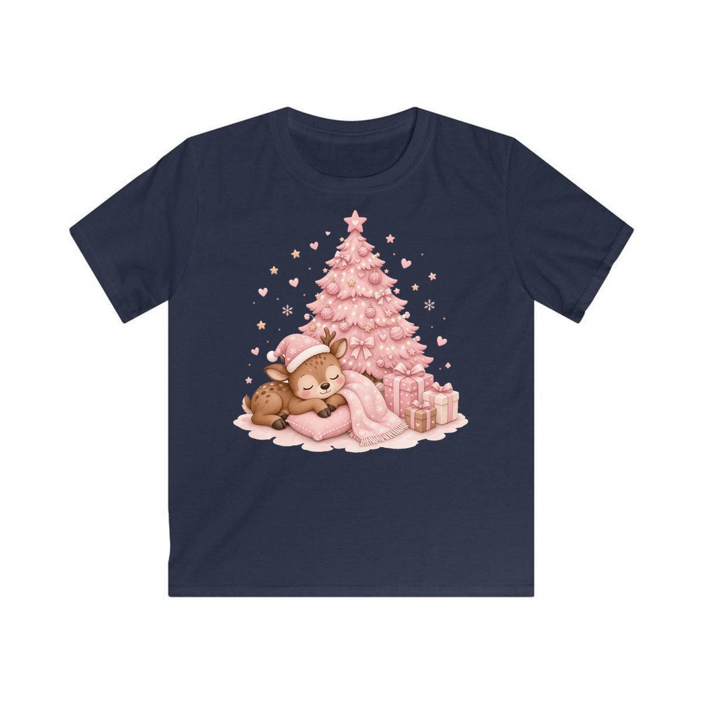 Sleepy Fawn Pink Christmas personalised kids Christmas tee in navy