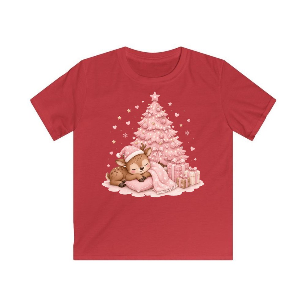 Sleepy Fawn Pink Christmas personalised kids Christmas tee in red