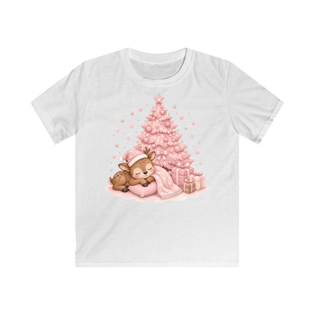 Sleepy Fawn Pink Christmas personalised kids Christmas tee in white