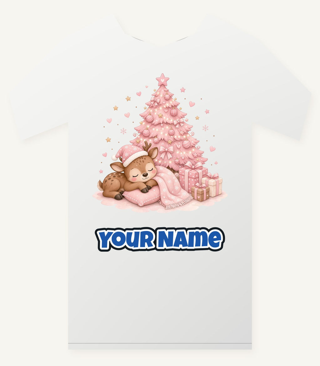 Sleepy Fawn Pink Christmas Personalised Christmas T-Shirt and Hoodie