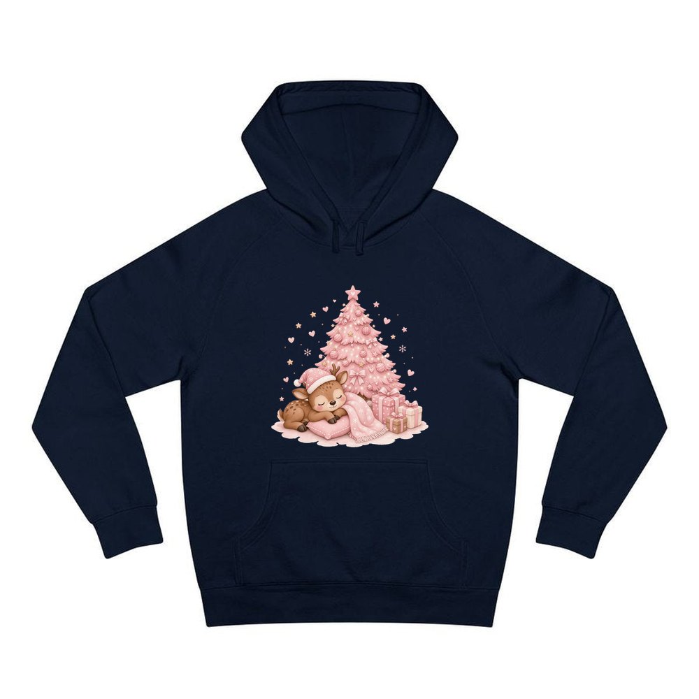 Sleepy Fawn Pink Christmas personalised Christmas hoodie in navy