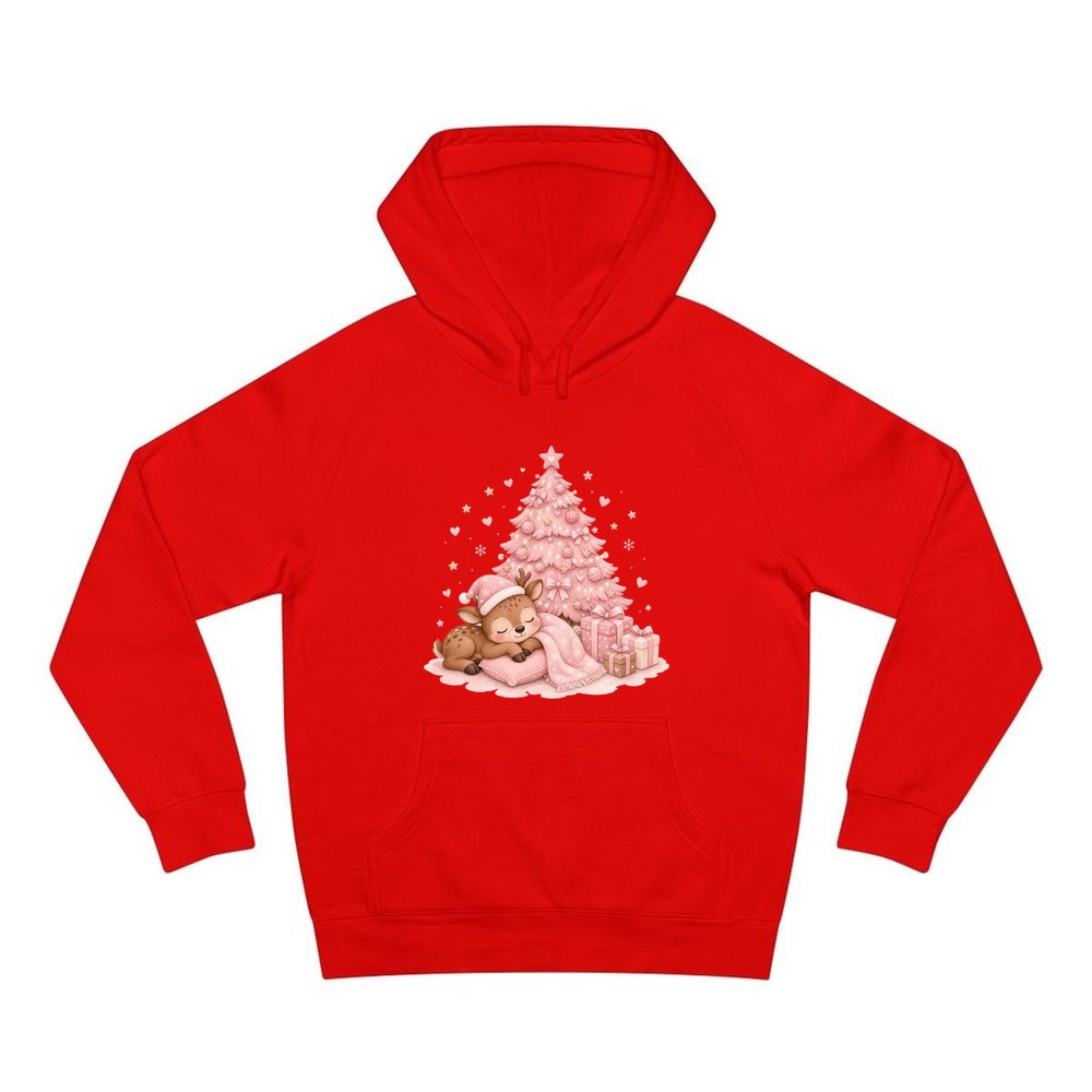 Sleepy Fawn Pink Christmas personalised Christmas hoodie in red