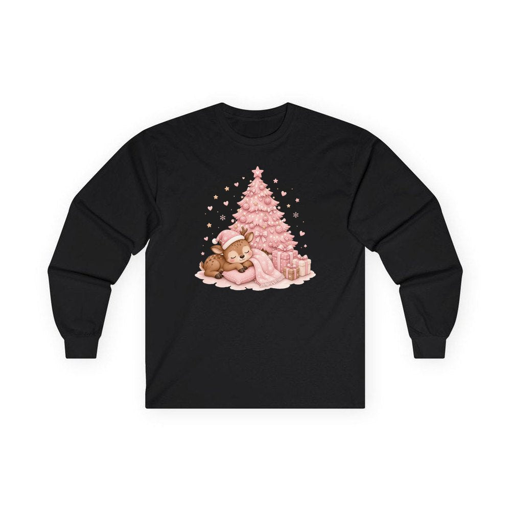 Sleepy Fawn Pink Christmas personalised long sleeve Christmas T-shirt in black