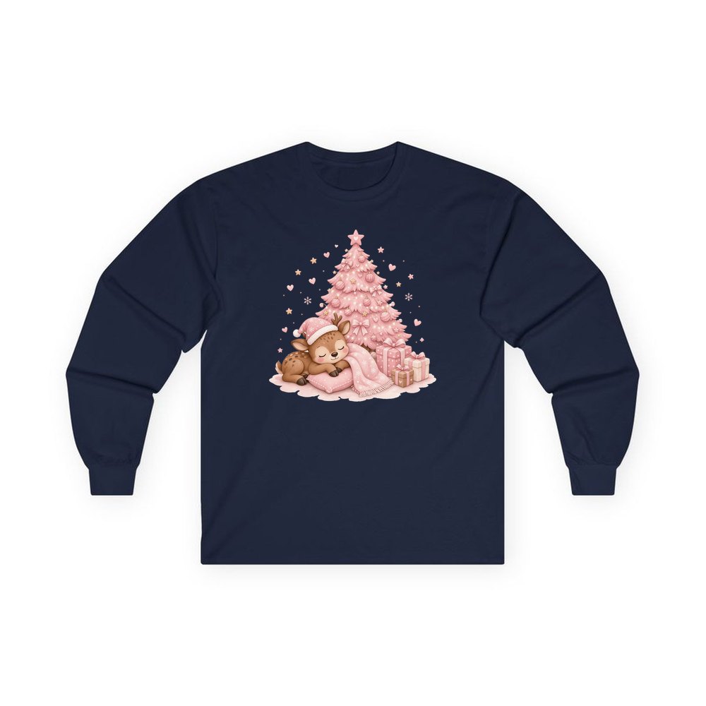 Sleepy Fawn Pink Christmas personalised long sleeve Christmas T-shirt in navy