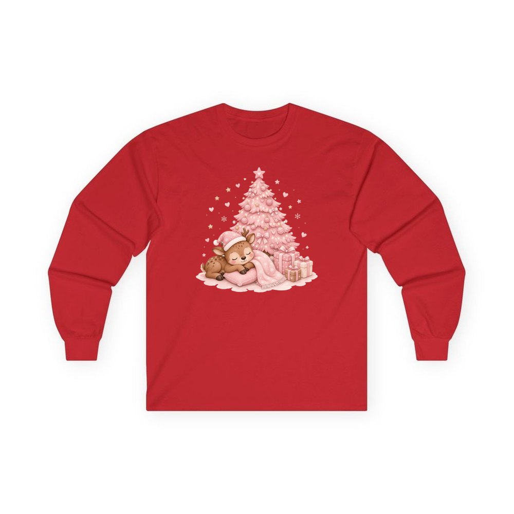 Sleepy Fawn Pink Christmas personalised long sleeve Christmas T-shirt in red