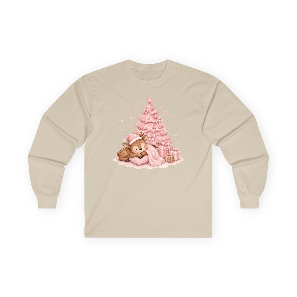 Sleepy Fawn Pink Christmas personalised long sleeve Christmas T-shirt in sand