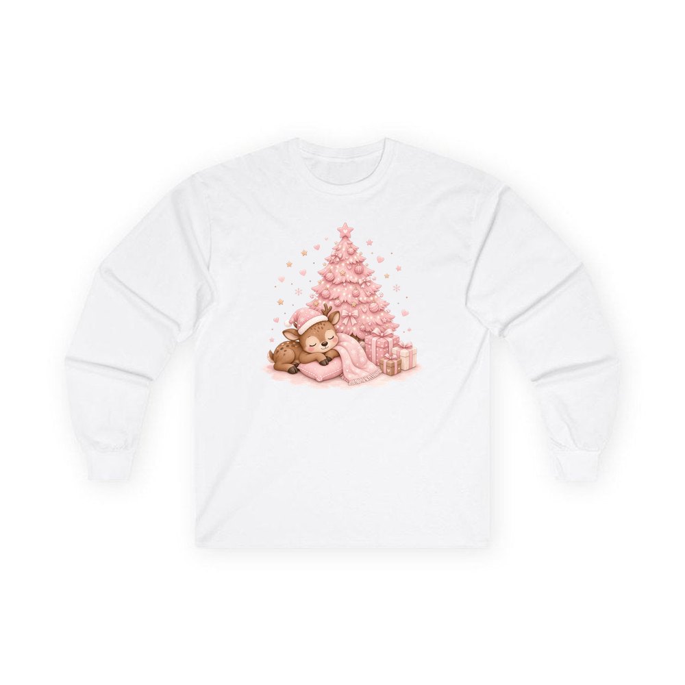 Sleepy Fawn Pink Christmas personalised long sleeve Christmas T-shirt in white