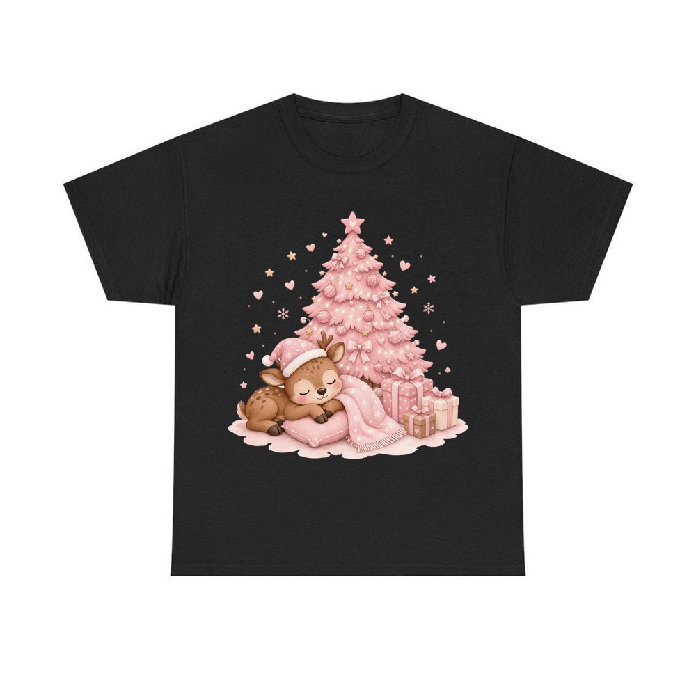Sleepy Fawn Pink Christmas personalised Christmas T-shirt in black