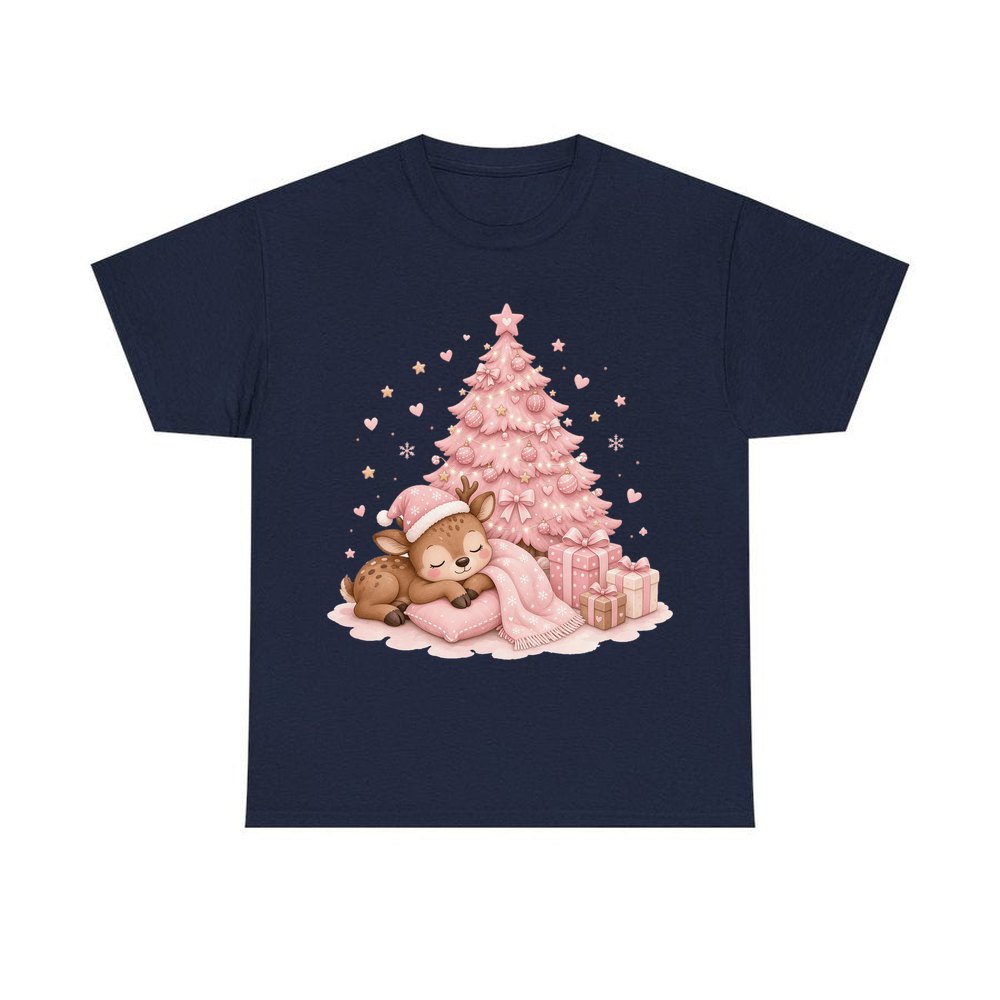 Sleepy Fawn Pink Christmas personalised Christmas T-shirt in navy
