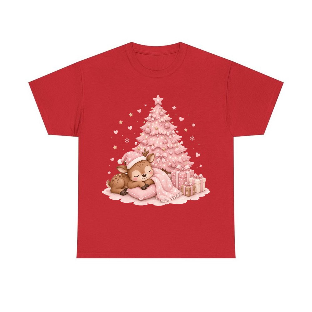 Sleepy Fawn Pink Christmas personalised Christmas T-shirt in red