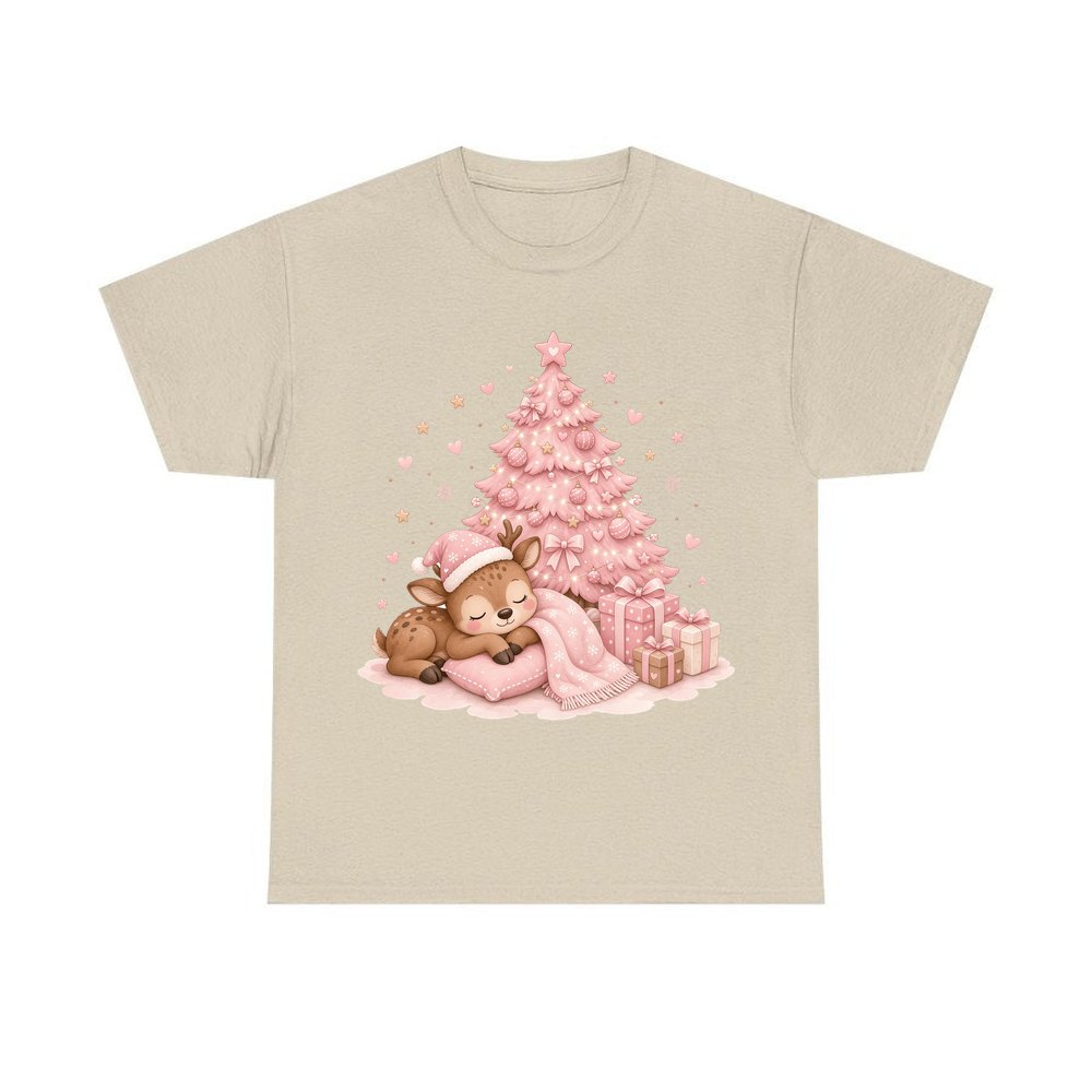 Sleepy Fawn Pink Christmas personalised Christmas T-shirt in sand