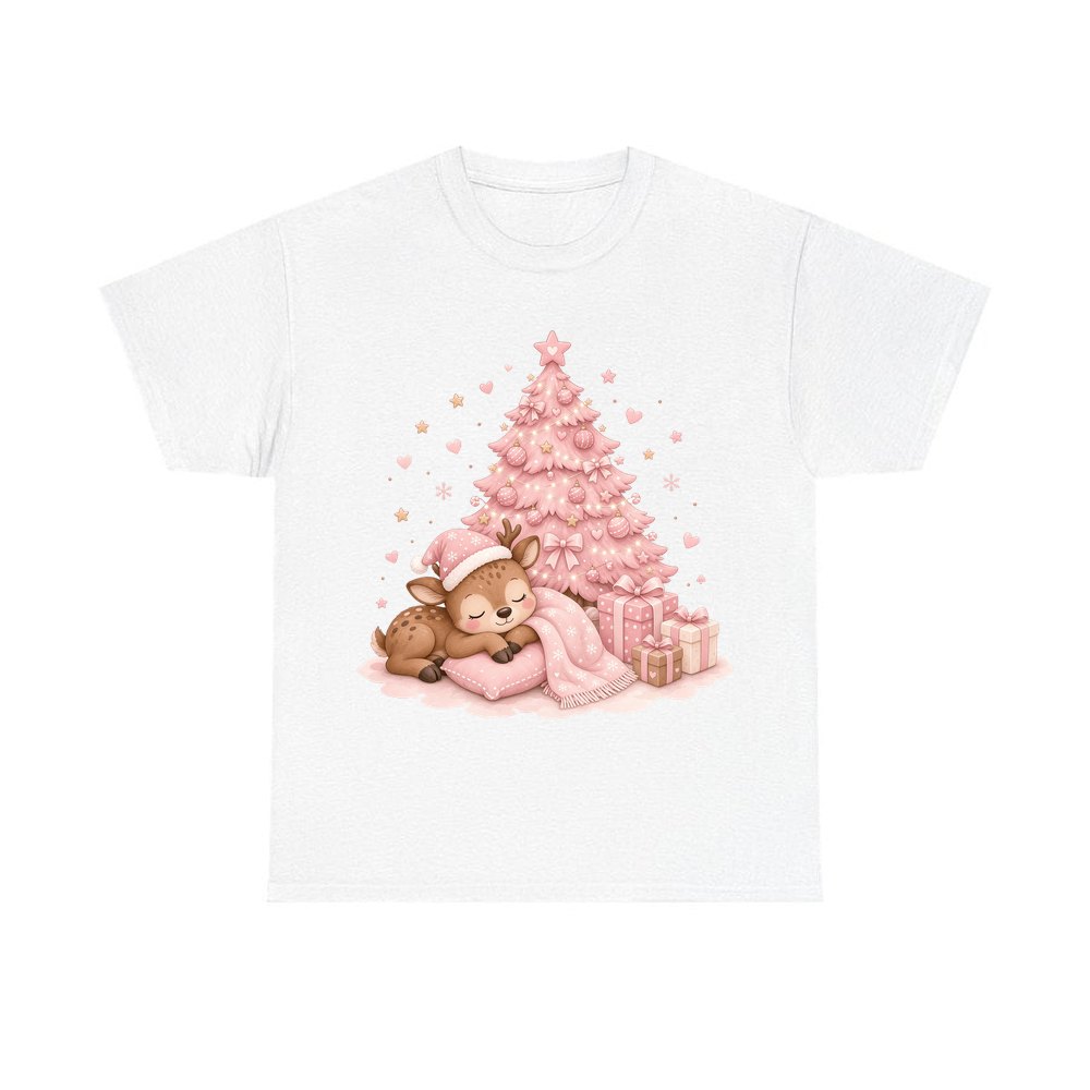 Sleepy Fawn Pink Christmas personalised Christmas T-shirt in white