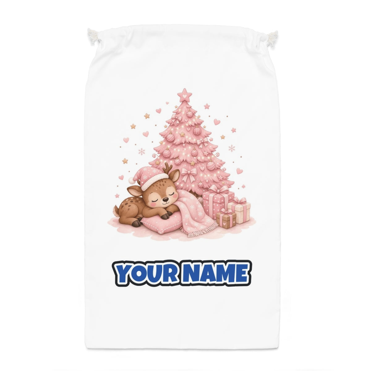 Sleepy Fawn Pink Christmas Santa sack laid flat, showing the full print