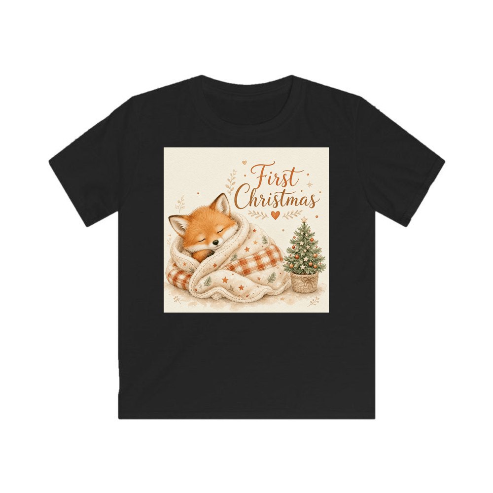 Sleepy Fox First Christmas personalised kids Christmas tee in black
