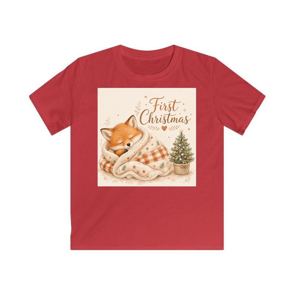 Sleepy Fox First Christmas personalised kids Christmas tee in red