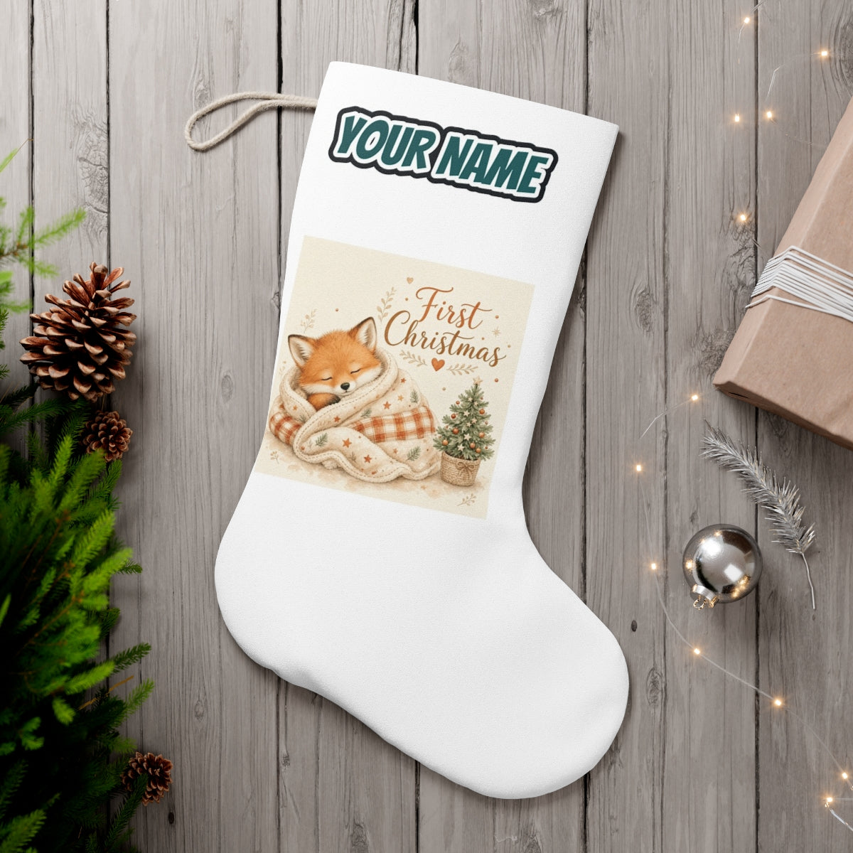 Sleepy Fox First Christmas personalised Christmas stocking, white, with the name across the top