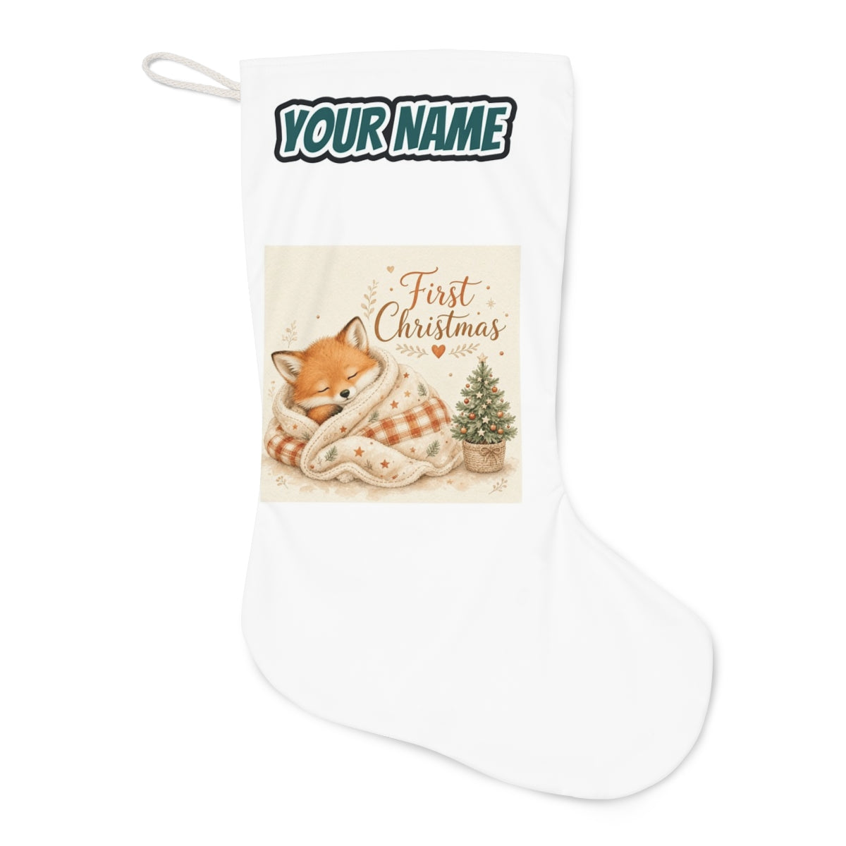 Sleepy Fox First Christmas Christmas stocking laid flat, showing the full print