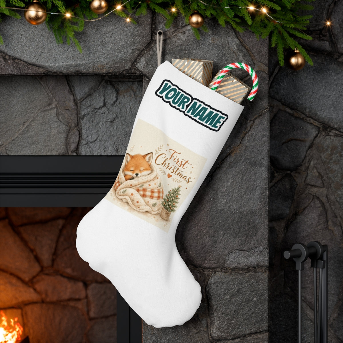 Sleepy Fox First Christmas personalised Christmas stocking hanging on a mantel