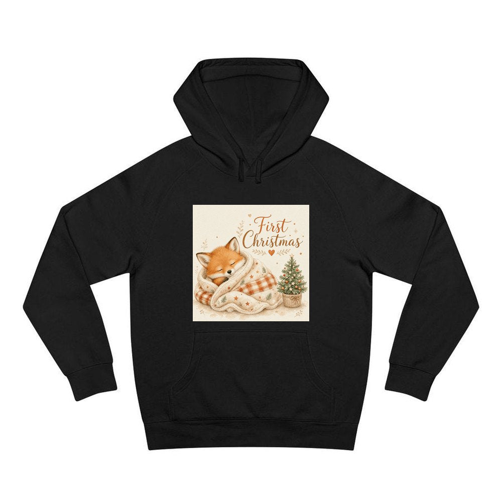Sleepy Fox First Christmas personalised Christmas hoodie in black