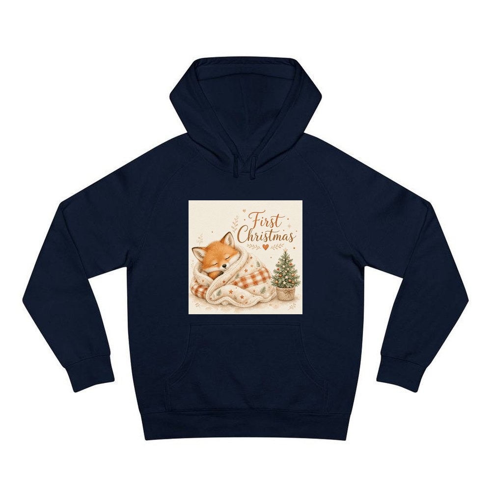Sleepy Fox First Christmas personalised Christmas hoodie in navy