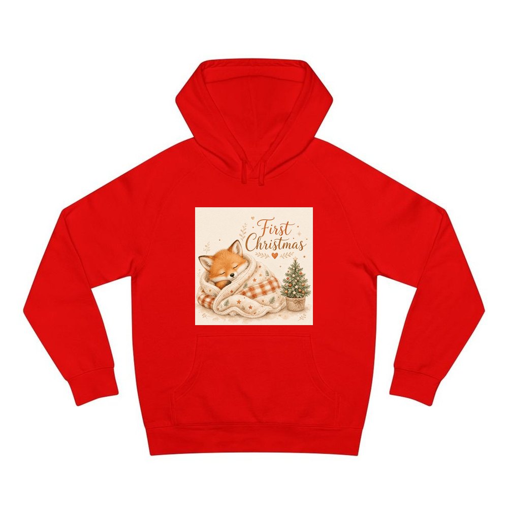 Sleepy Fox First Christmas personalised Christmas hoodie in red