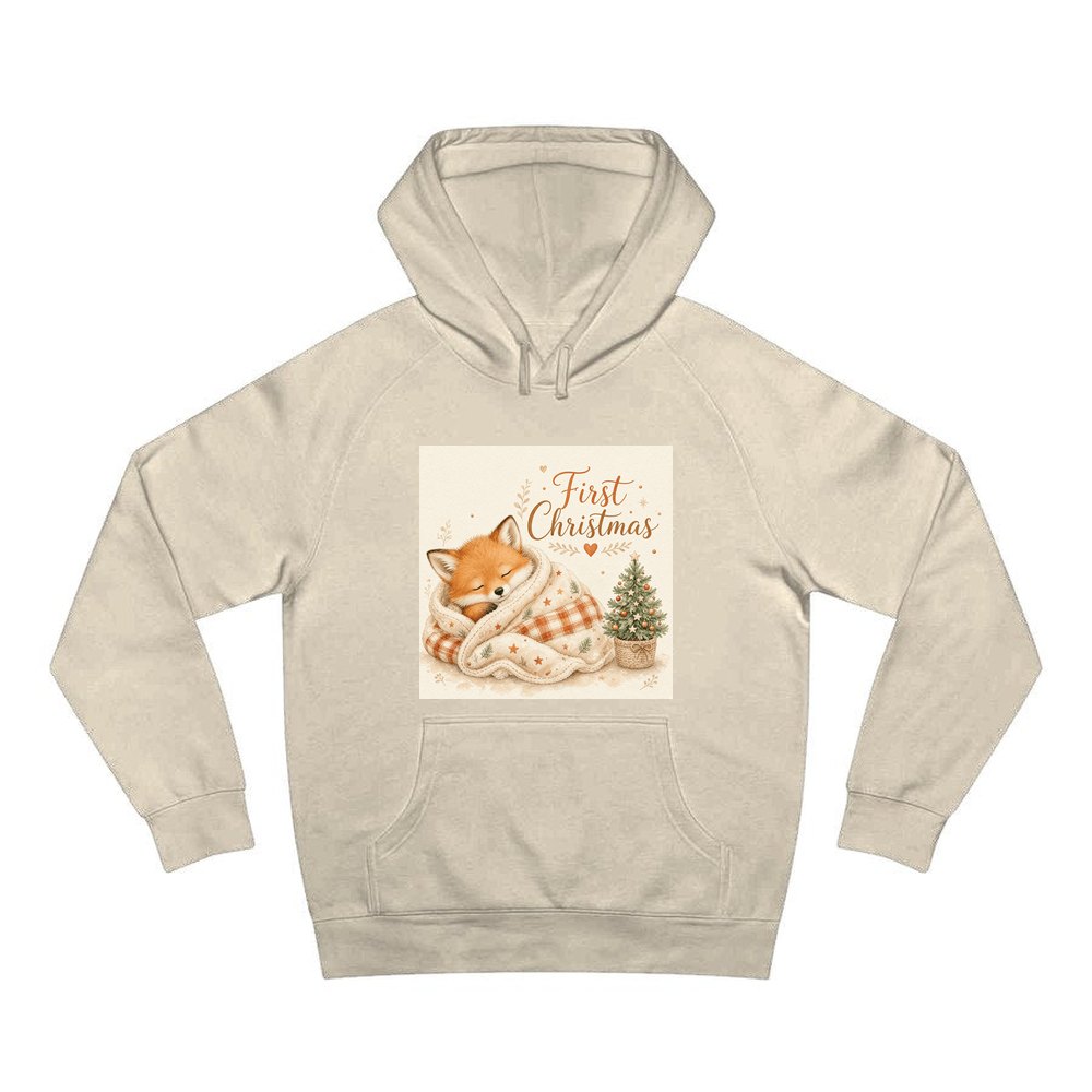 Sleepy Fox First Christmas personalised Christmas hoodie in sand