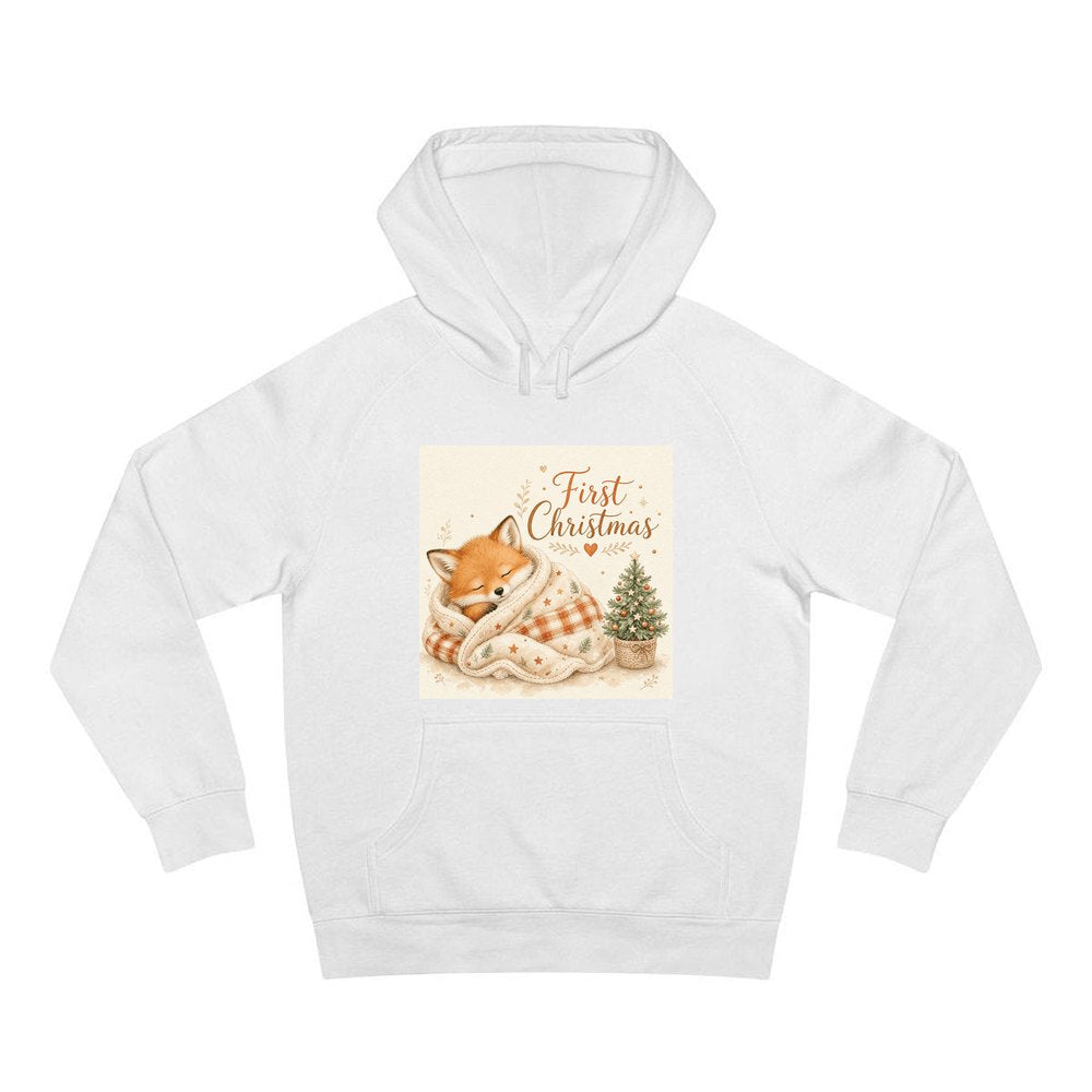 Sleepy Fox First Christmas personalised Christmas hoodie in white