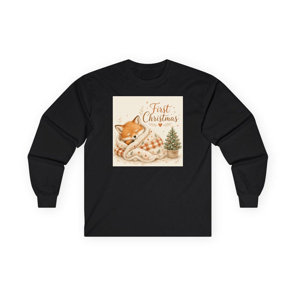 Sleepy Fox First Christmas personalised long sleeve Christmas T-shirt in black