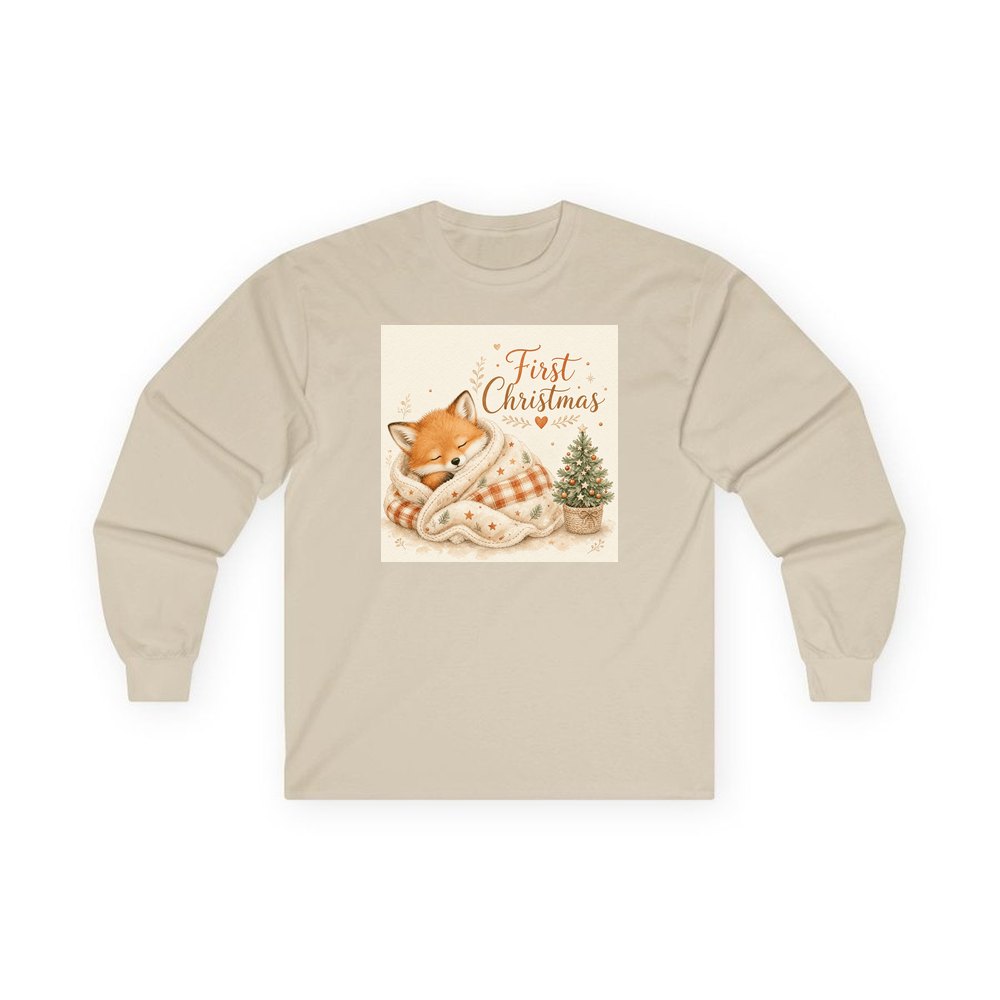 Sleepy Fox First Christmas personalised long sleeve Christmas T-shirt in sand