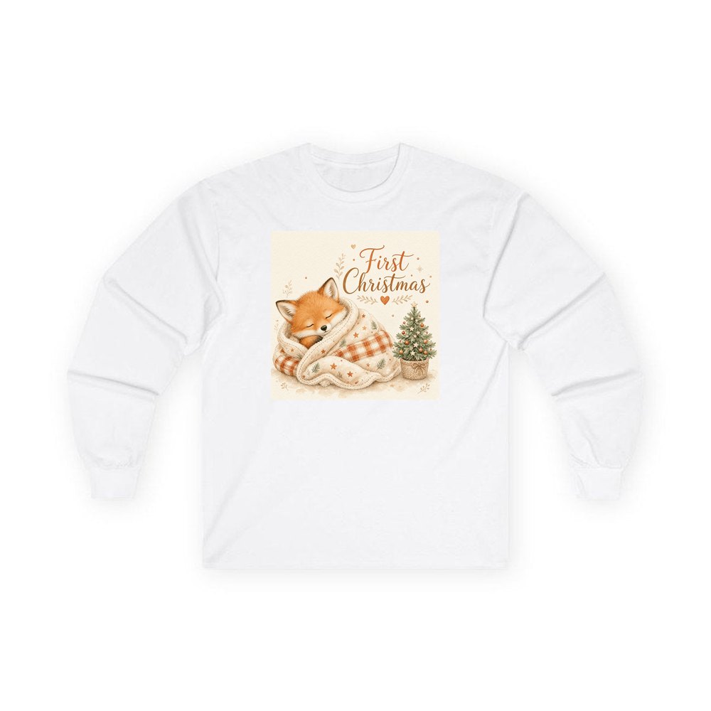 Sleepy Fox First Christmas personalised long sleeve Christmas T-shirt in white