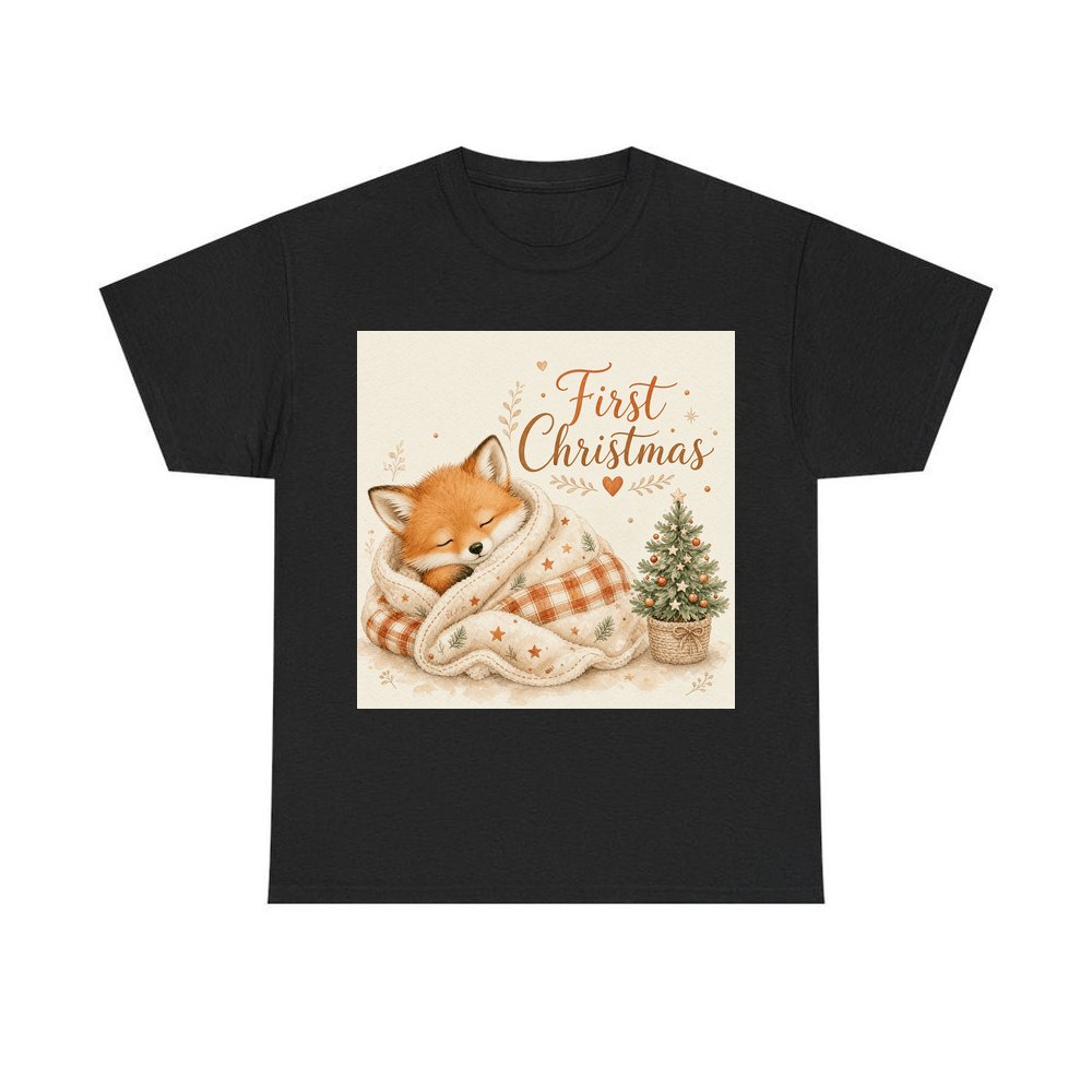 Sleepy Fox First Christmas personalised Christmas T-shirt in black
