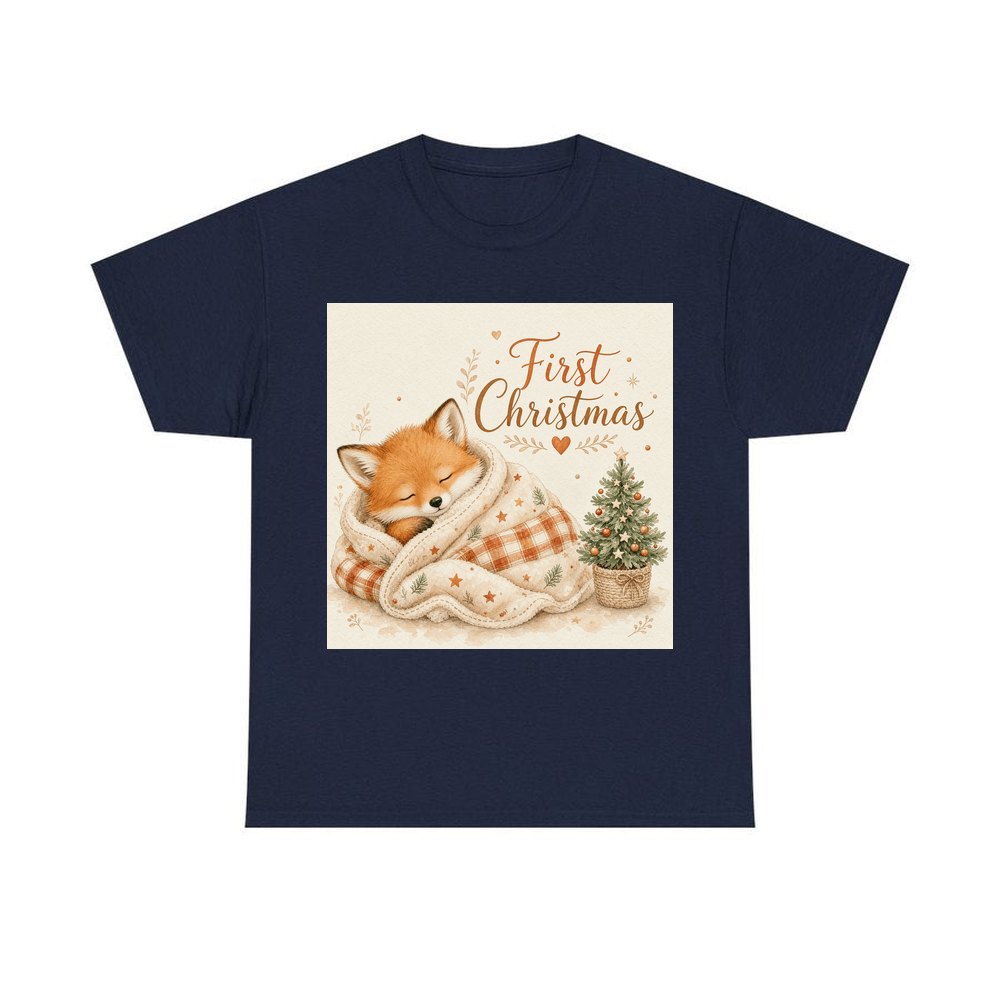 Sleepy Fox First Christmas personalised Christmas T-shirt in navy