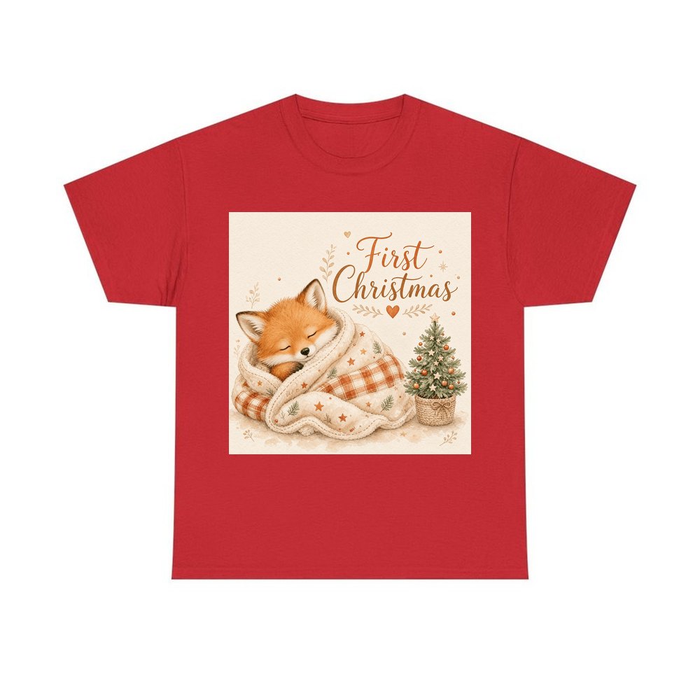 Sleepy Fox First Christmas personalised Christmas T-shirt in red