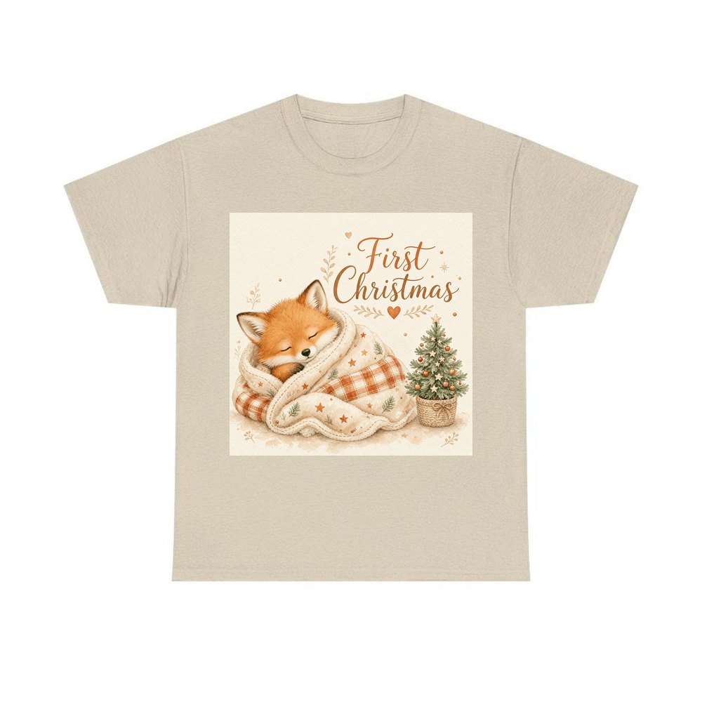 Sleepy Fox First Christmas personalised Christmas T-shirt in sand