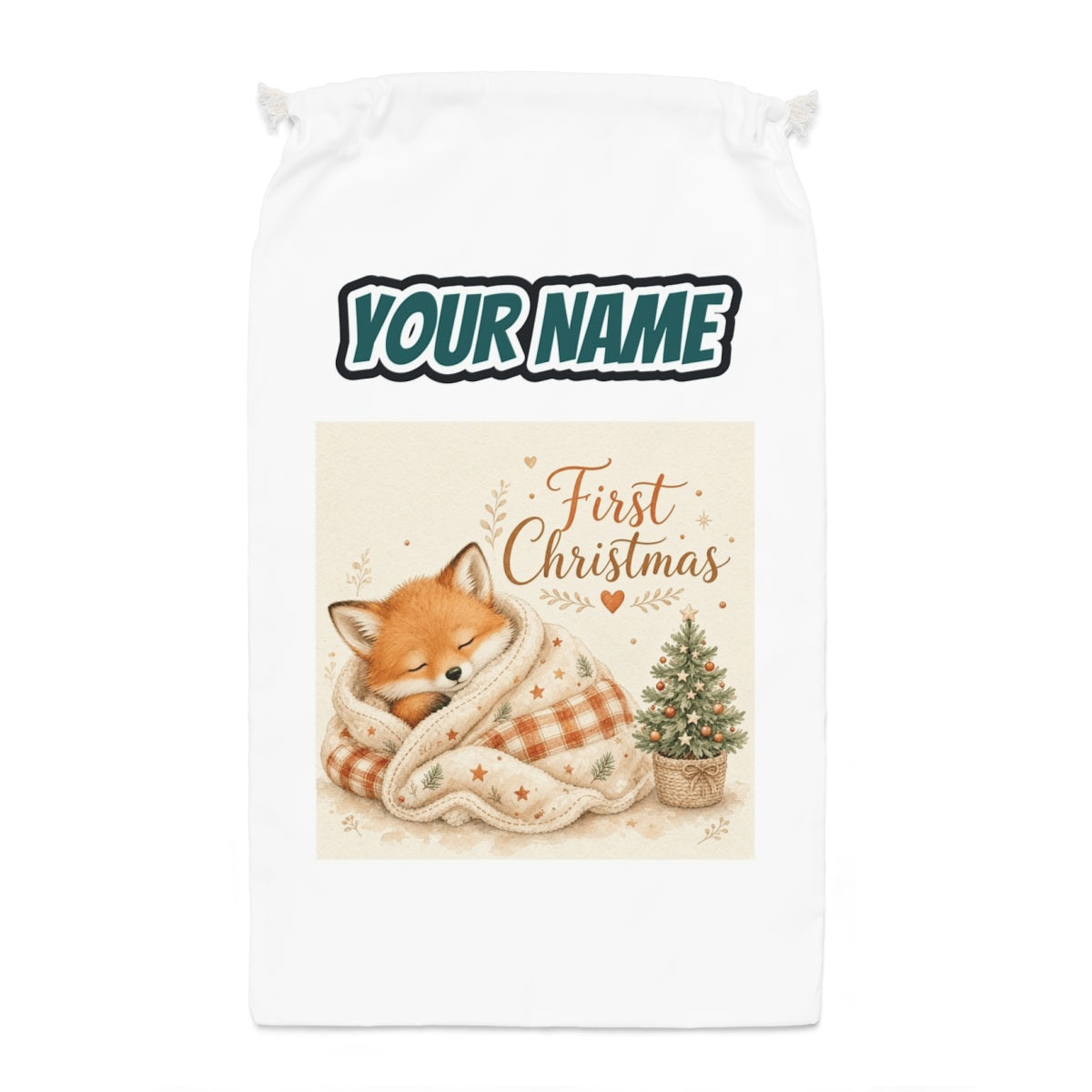 Sleepy Fox First Christmas Santa sack laid flat, showing the full print