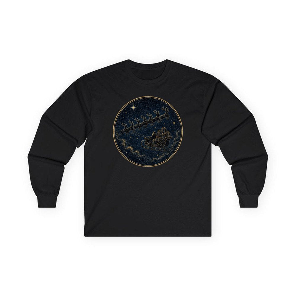 Sleigh Across the Night Sky personalised long sleeve Christmas T-shirt in black