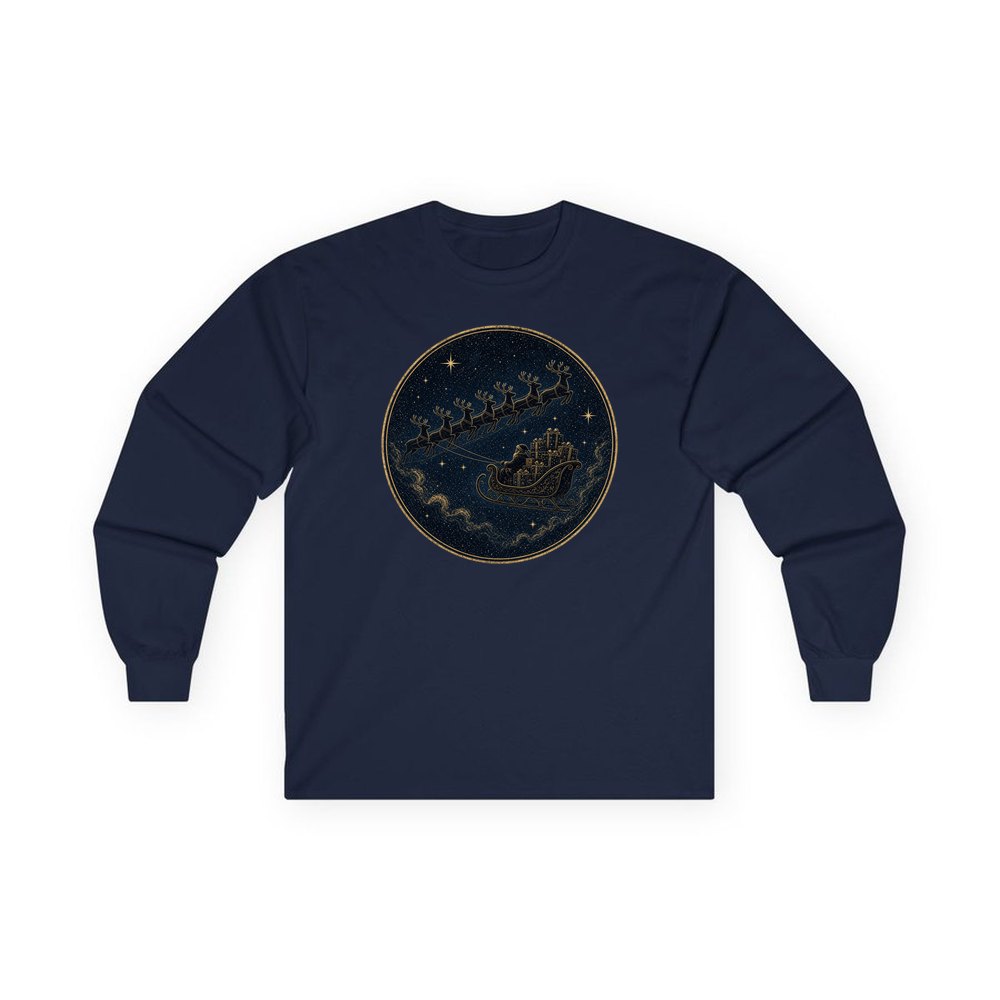 Sleigh Across the Night Sky personalised long sleeve Christmas T-shirt in navy