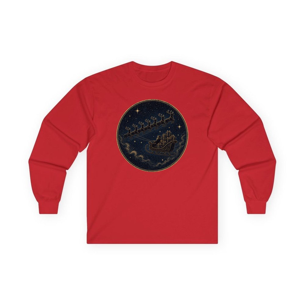 Sleigh Across the Night Sky personalised long sleeve Christmas T-shirt in red