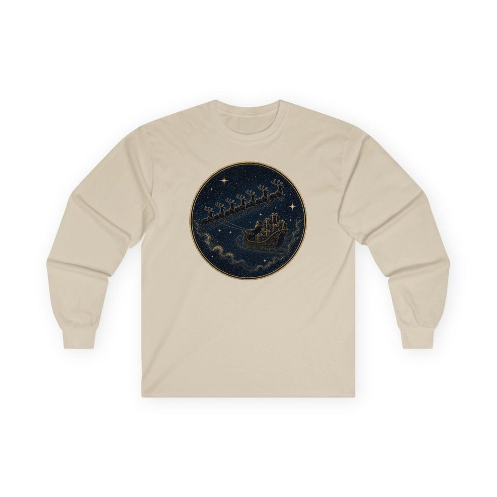 Sleigh Across the Night Sky personalised long sleeve Christmas T-shirt in sand