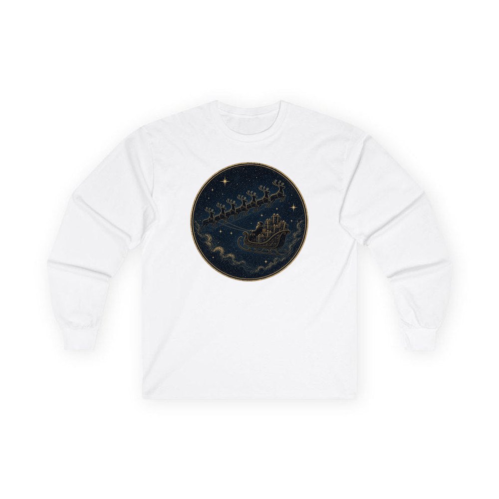 Sleigh Across the Night Sky personalised long sleeve Christmas T-shirt in white