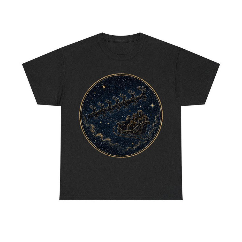 Sleigh Across the Night Sky personalised Christmas T-shirt in black